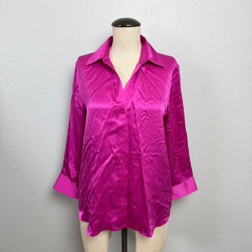 L'AGENCE Magenta 100% Silk Satin Button Down Blouse Shirt Pink Small FLAW